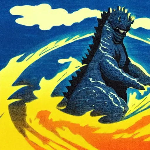 Image similar to a blue water wave in the silhouette shape of Godzilla, cartoon drawing