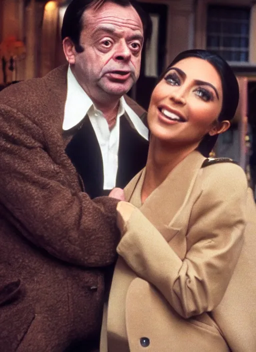 Prompt: film still of Del Boy from Only Fools & Horses hugging kim kardashian at a london bar, 4k