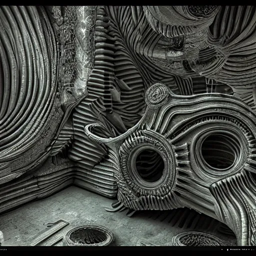 Prompt: HYPER REALISTIC VFX SIMULATION of one of H.R GIGER'S works, INTRICATELY DETAILED 3D OCTANE RENDER