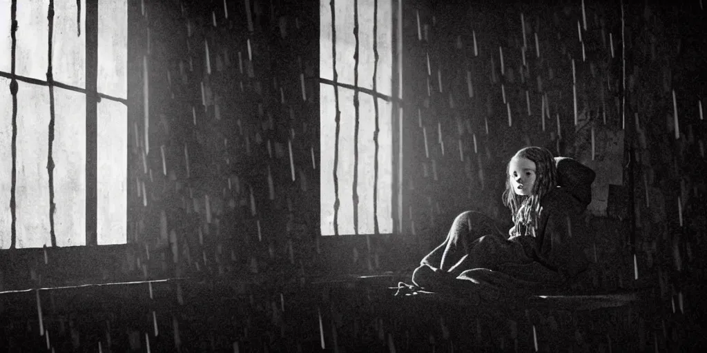 Image similar to night scene, sadie sink in hoodie sits on windowsill, knees tucked in, rain, old brick wall, propaganda posters : grainy b & w 1 6 mm film, 2 5 mm lens, single long shot from schindler's list by steven spielberg. cyberpunk, steampunk. cinematic atmosphere and composition, detailed face, perfect anatomy