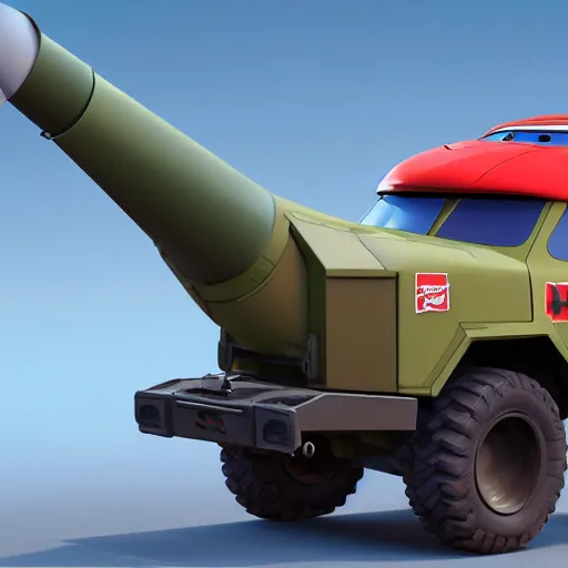 Image similar to HIMARS rocket launcher, disney pixar Cars character concept artwork, 3d concept, high detail iconic character for upcoming film, 8k octane render, 3d, 8k octane render