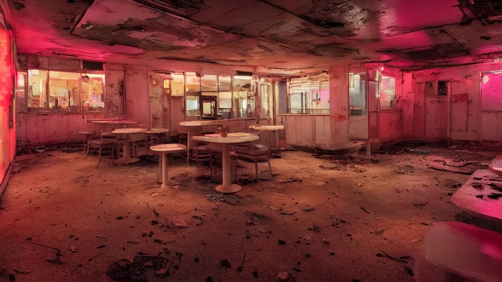 Prompt: the inside of an abandoned 5 0's diner at night, by lee madgwick and bastien lecouffe - deharme, pink and orange neon lights, highly detailed interior, artstation trending, cryenging 8 k uhd