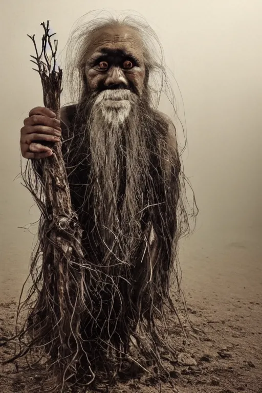 Image similar to full body shot of hanging old asian man with long beard, his head covered in roots, full face occult silver mask, bright multiple glowing eyes, holding a large carved wooden dark fractal stick, hanging upside down, thick smoke around him, in the burning soil desert, cinematic shot, wide angle, dark desert background, volumetric lighting by Denis Villeneuve, Lubezki, Gaspar Noe, Christopher Doyle and Alejandro Jodorowsky, anamorphic lens, anamorphic lens flares, kodakchrome, cinematic composition, practical effects, award winning photo, 8k