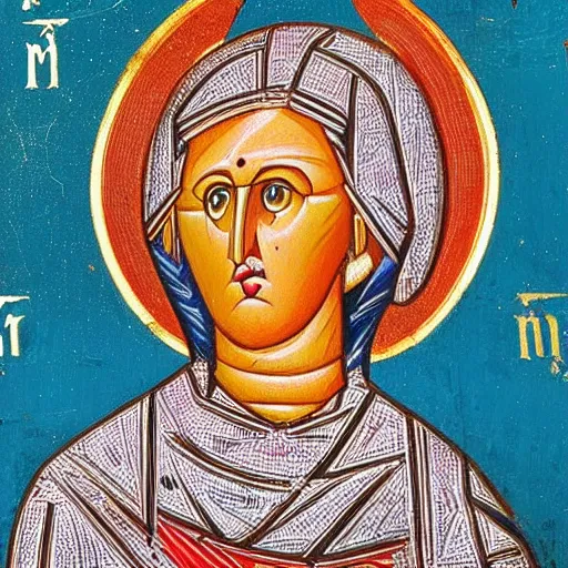 Prompt: A Byzantine icon of Margaret Thatcher, highly detailed, beautiful, colorful, British museum