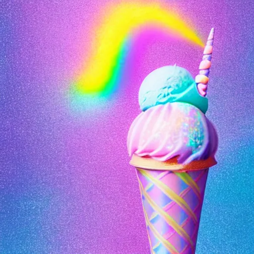 Image similar to an ultra high definition pastel coloured photograph of a magic unicorn with a glittery magic horn eating an ice cream. refraction, volumetric lighting iridescence.