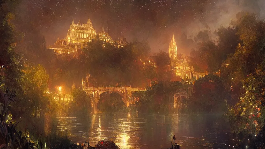 Image similar to a beautiful painting of rivendell, at night with a sky full of stars and fireworks, intricate, elegant, highly detailed, digital painting, artstation, concept art, by krenz cushart and artem demura and alphonse mucha