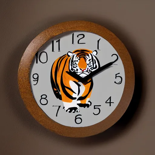Prompt: clock on the wall showing 2 3 : 4 8 behind a newborn girl in a tiger patterned outfit