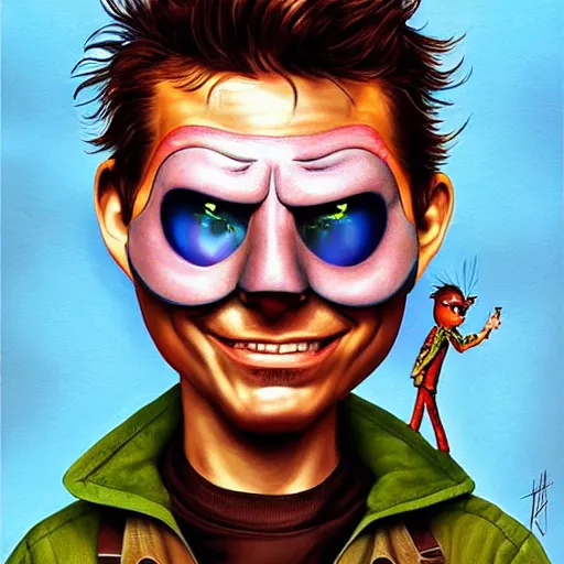 Prompt: Tom Cruise as The Mask, pixar cute, highly detailed, sharp focus, digital painting, artwork by Jeremiah Ketner + Mati Klarwein + Fintan Magee + Chris Mars