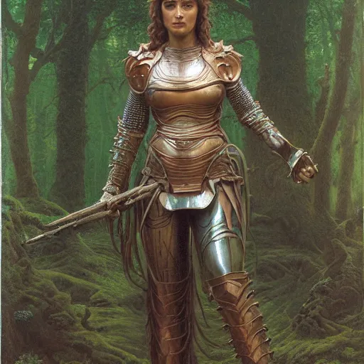 Image similar to a detailed, beautiful oil painting of a warrior woman who looks like keisha castle hughes, wearing intricate, etched copper armor in an ancient forest, by michael whelan, donato giancola, and william adolphe bouguereau