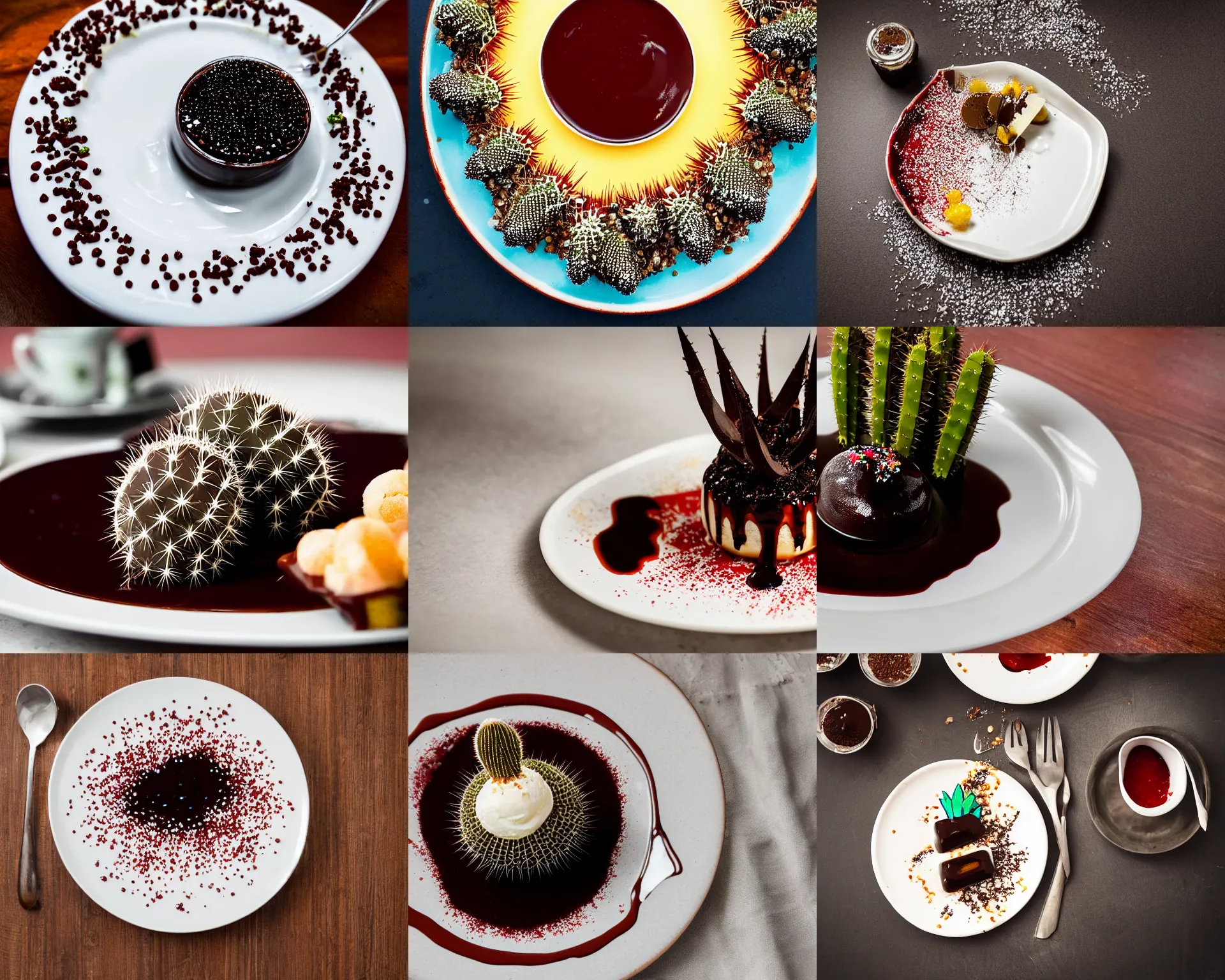 Prompt: a fine dining dessert plate of spiky cactus and chocolate sauce, sugar sprinkled, food photography, michelin star, fine dining, bokeh