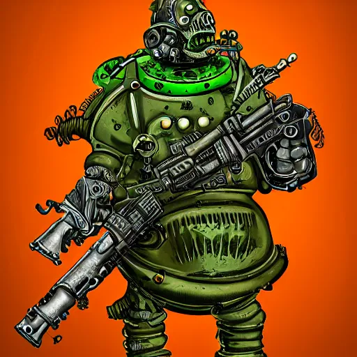 Prompt: highly detailed steampunk morbid obese undead soldier with heavy machine guns, intricate, rusty, green radioactive glow, toxic waste, digital art