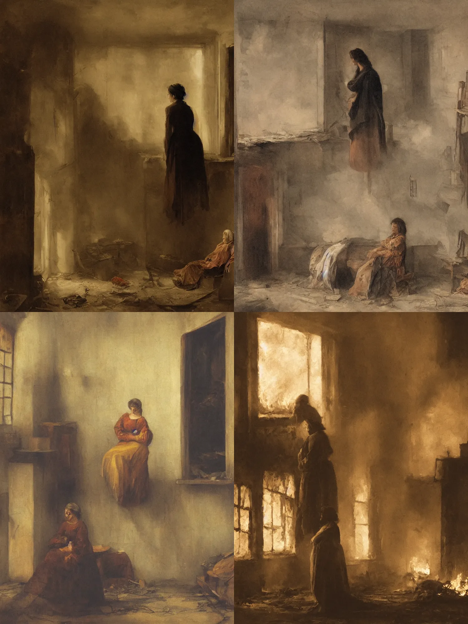 Prompt: a woman waiting patiently in a room that is on fire, artistic composition