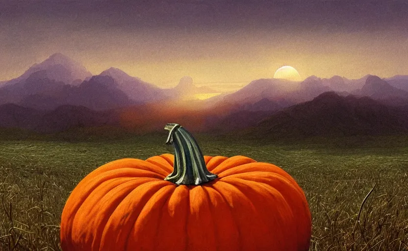 Prompt: pumpkin in the middle of a field, close up shot, rocky, at dusk, distant mountains, 4k, rule of thirds, extreme detail, hazy, intricate ink illustration, surreal, surrealist, trending on artstation, cgsociety, hd, calm, complimentary colours, realistic lighting, by Albert Bierstadt, Frederic Edwin Church.