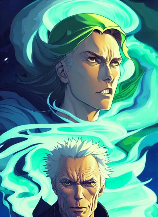 Prompt: style artgerm, joshua middleton, illustration, clint eastwood as a high priest wearing green pelt light armor, anime eyes, blue hair, swirling water cosmos, fantasy, dnd, cinematic lighting