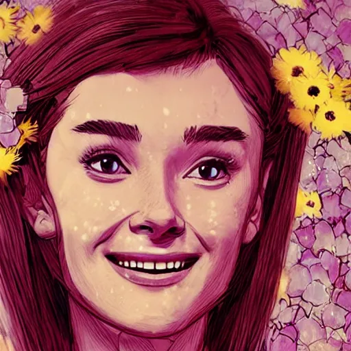 Image similar to portrait of young audrey hepburn smiling with flowers raining over her. sharp focus, cinematic pose, cinematic lighting, unreal engine render. art by josan gonzales and moebius and deathburger.