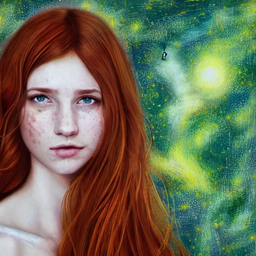 Image similar to a highly detailed, hyper realistic, portrait with torso of a red haired young woman, among wonderful golden fireflies, long hair, green eyes, hint of freckles, round gentle face, cheeky smile, white romantic dress with intricate details, deep focus, elegant, digital painting, smooth, sharp, golden ratio, illustration, art by artgerm and caravaggio