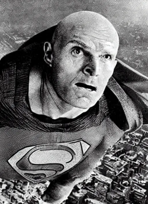 Image similar to “Close-up of very old and tired and bald Superman flying over destroyed city. Newspaper photo.”