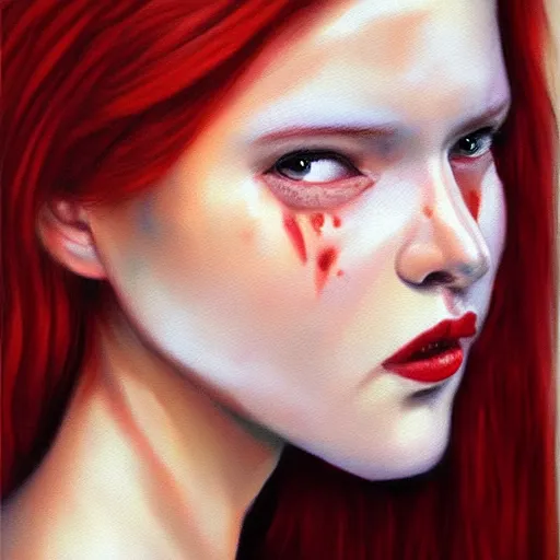 Prompt: hyperrealism oil painting of crying redhead fashion model portrait