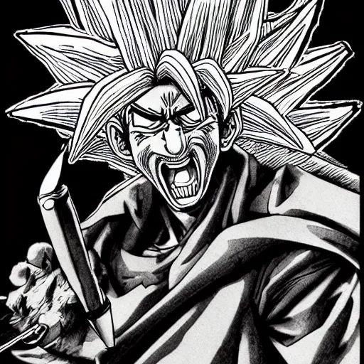 Image similar to Super Saiyan Frank Zappa manga panel award winning black and white art by Frank Zappa and Kim Jung Gi pen highly detailed pen and ink matte painting