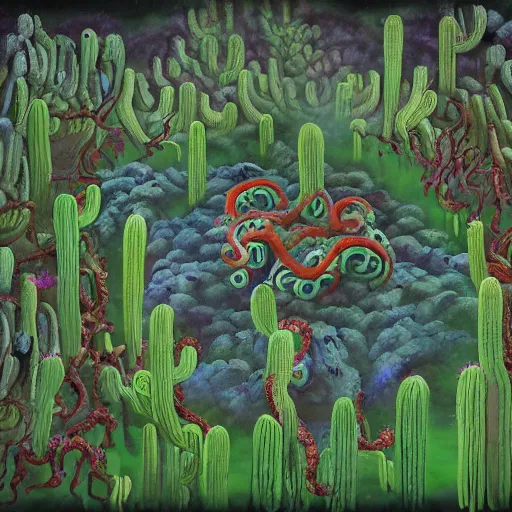 Image similar to voidless of the festival!, The Graveyard, blood moon tentacles!!, outsider art!!!, The ego separates by Wojciech Siudmak!!!!, a single potted cactus in a laboratory!!!!!, large group of crabs and worms, crawling along a bed of moss, low poly, creeper world, handcrafted, artstation, hyperrealistic, hard light, best practices, creeptastic, photorealism, macro perspective, cuddly