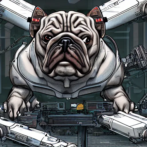 Image similar to « a comic styled cyborg bulldog sitting down, cyberpunk digital art by greg rutkowsky, illustration, sharp focus, highly detailed, future tech, sketchfab »