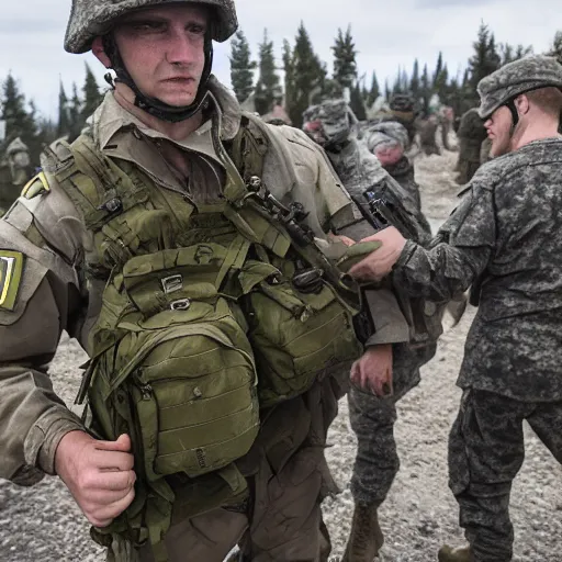 Image similar to a canadian soldier helping citizens in ukraine, 4 k, high detail, high - resolution photograph, professional photography, ultra - detail