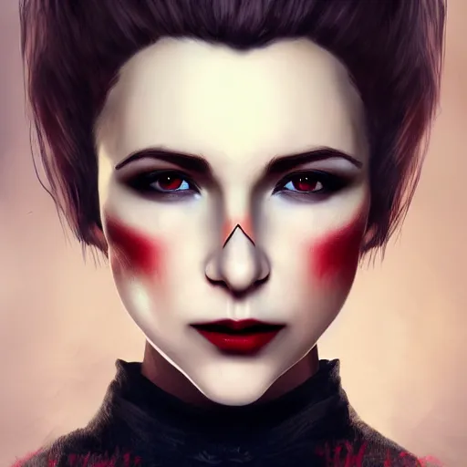 Image similar to a realistic head and shoulder professional portrait of a female vampire, painted, interesting color use, vampire fashion, highly detailed, melancholy, trending on cgsociety
