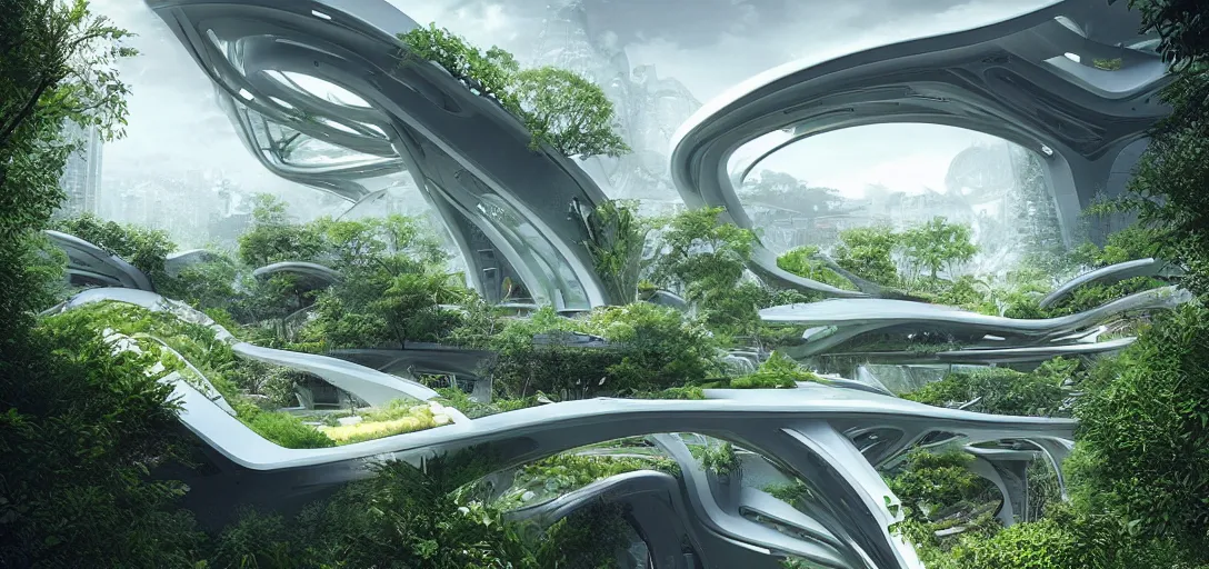 Image similar to a futuristic solarpunk garden, designed by zaha hadid, sci - fi, digital art by paul chadeisson