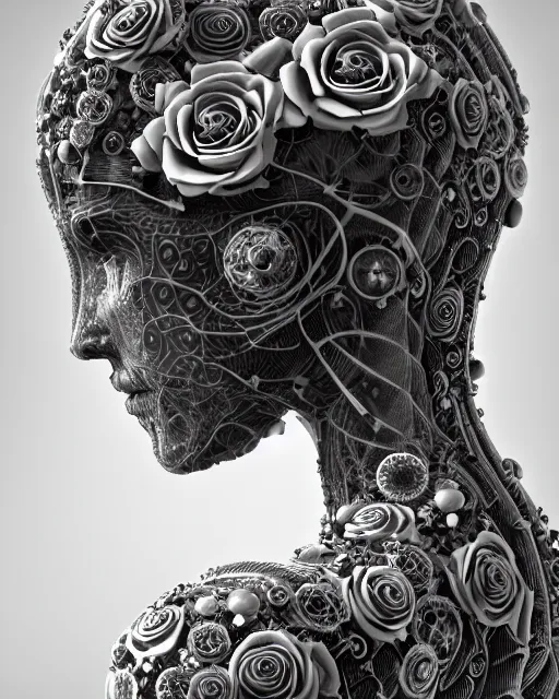 Image similar to mythical dreamy black and white organic bio - mechanical spinal ribbed profile face portrait detail of translucent steampunk beautiful intricated monochrome angelic - human - queen - vegetal - cyborg, highly detailed, intricate translucent ivy jelly ornate, poetic, translucent roses ornate, 3 d render, digital art, octane render, 8 k artistic lithography