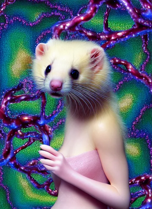 Image similar to hyper detailed 3d render like a Oil painting - kawaii portrait Aurora (blonde Sable Ferret) seen Eating of the Strangling network of yellowcake aerochrome and milky Fruit and Her delicate Hands hold of gossamer polyp blossoms bring iridescent fungal flowers whose spores black the foolish stars by Jacek Yerka, Mariusz Lewandowski, Houdini algorithmic generative render, Abstract brush strokes, Masterpiece, Edward Hopper and James Gilleard, Zdzislaw Beksinski, Mark Ryden, Wolfgang Lettl, hints of Yayoi Kasuma, octane render, 8k