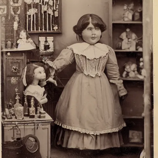 Prompt: victorian child standing in a doll maker's shop