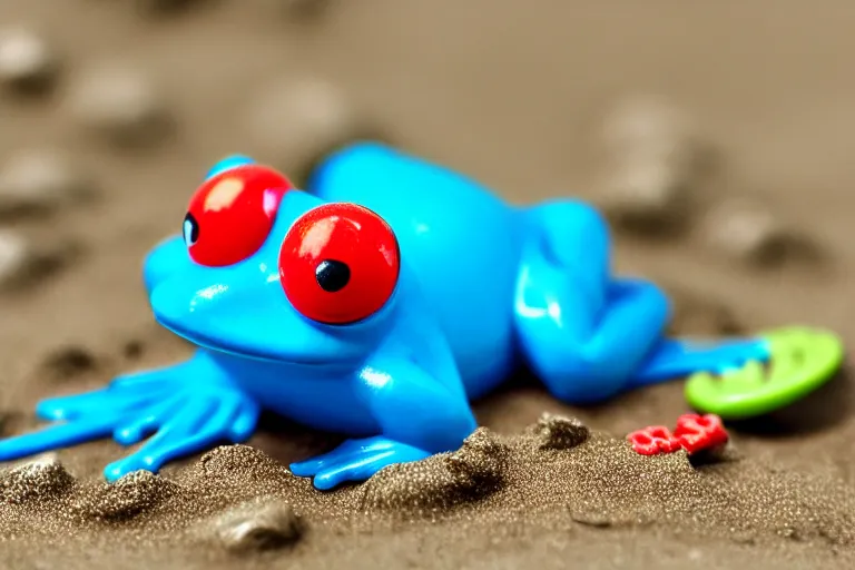 Image similar to fisher price frog on the beach, california, in 2 0 1 5, perfect focus, scene from tv show hyper detailed 5 5 mm 8 5 mm, toy photography, made out of plastic