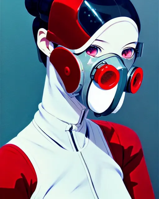 Image similar to white haired cyborg girl wearing a gas mask and red dress | | audrey plaza, fine detail!! anime!! realistic shaded lighting!! poster by ilya kuvshinov katsuhiro otomo ghost - in - the - shell, magali villeneuve, artgerm, jeremy lipkin and michael garmash and rob rey