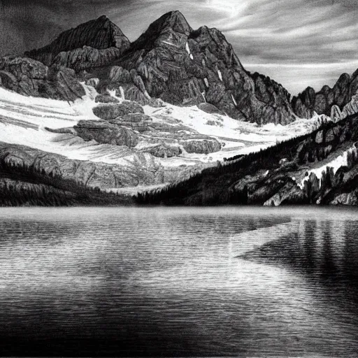 Prompt: lago di sorapis, hyper - realistic black and white drawing, hyper detailed