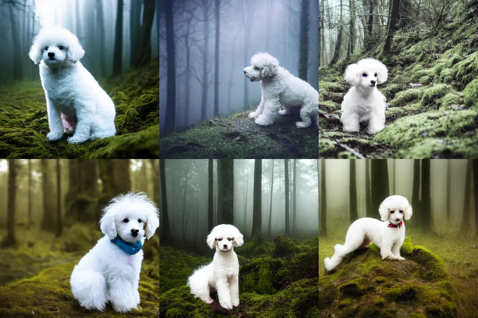 Prompt: high detail photo extreme long shot of a small sad abandoned white poodle puppy sitting alone in the mossy foggy forest at night, blue moonlight, tilted frame, spooky, atmospheric, hazy, 8k