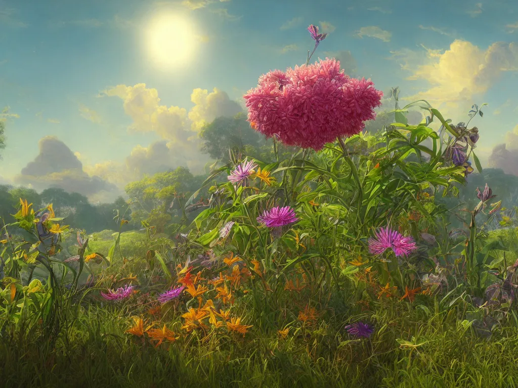 Image similar to sunlight study, wildflower undergrowth, art nouveau, by jan davidz de heem and martin johnson heade ( ( ( ( ( lisa frank ) ) ) ) ), 8 k, sharp focus, octane render, kauai