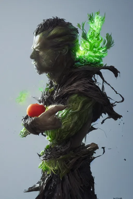 Prompt: sorcerer made entirely of vegetables, dark fantasy, by artgerm and greg rutkowski, octane render, trending on artstation,