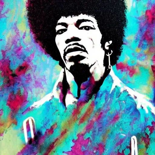 Image similar to artwork by Joshua Mays showing a portrait of Jimi Hendrix