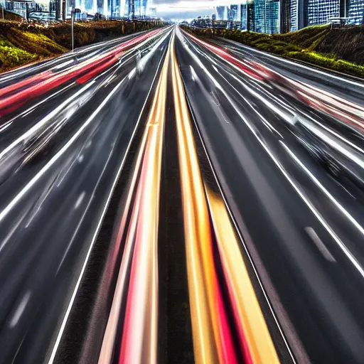 Image similar to a stunning aesthetic wallpaper of a highway full of traffic with a train track and bus lane, photograph, 8 k, motion blur, soft focus, cinematic lighting, trending on flicker.