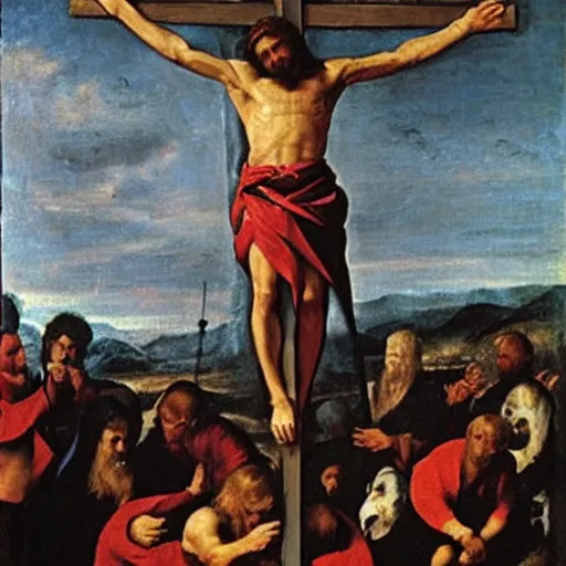 Image similar to donald trump crucified in the style of christ crucified diego velazquez, a painting of donald trump being crucified