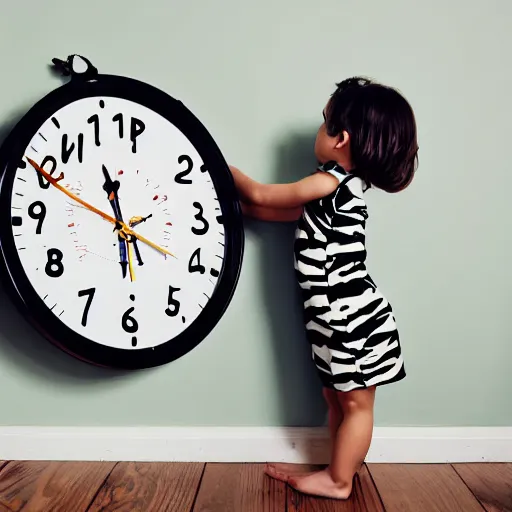 Prompt: clock on the wall showing 2 3 : 4 8 behind a baby girl in a tiger patterned outfit