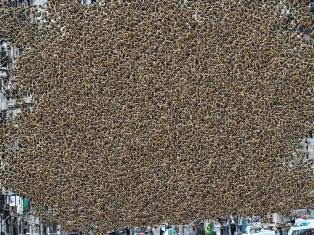 Image similar to swarm of bee's. infestation in the city. city dwellers run for their lives. terrorist attack.