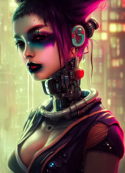 Image similar to soft seductive ebony geisha raver gutter punk gothic cyborg, golden ratio, details, scifi, fantasy, cyberpunk city, intricate, decadent, highly detailed, octane render, digital painting, artstation, concept art, sharp focus, illustration, art by artgerm, loish, wlop