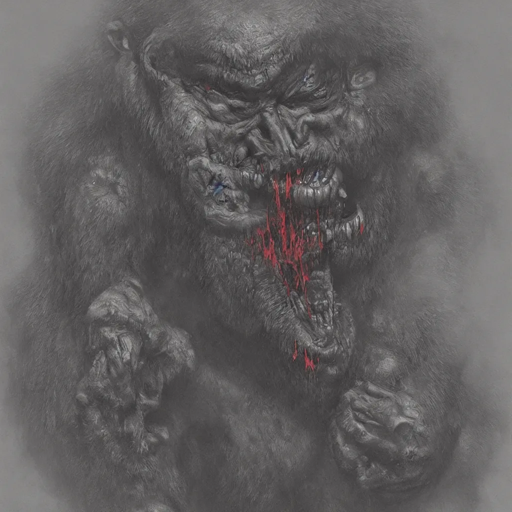 Prompt: demonic gorilla, in the style of zdislaw beksinski