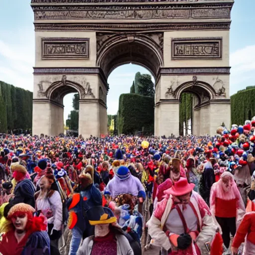 Image similar to a large group of people wearing clown hats marching in formation through the arc de thriump.