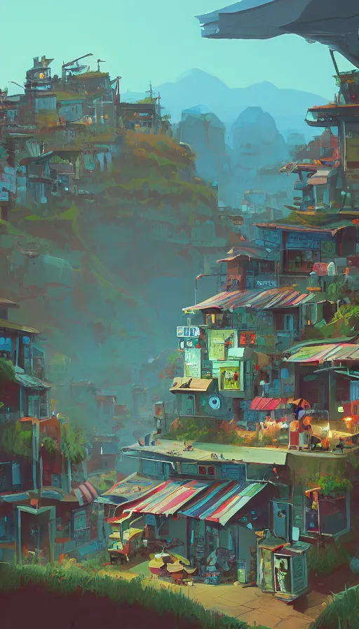 Image similar to shop on a hill, sharp focus, james gilleard, cinematic, game art, extremely detailed digital painting