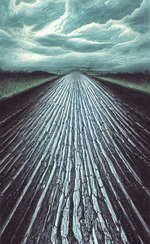 Prompt: paperback book cover by giger. 1 9 5 0 s. pure colors, melting clouds, accurately drawn details, a sunburst above a receding road with the light reflected in furrows and ruts, after rain. photorealistic. octane render. cinematic. trending on artstation. textless.