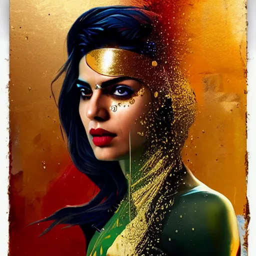 Image similar to portrait of pakistan woman :: side profile :: in ocean :: clockwork details :: gold :: blood and horror :: by marvel and Sandra Chevrier