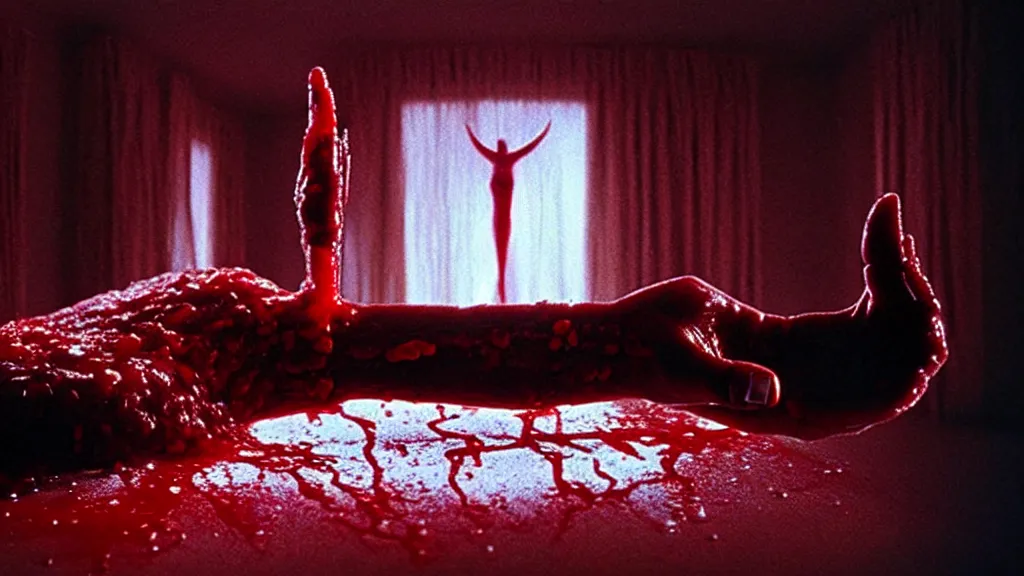 Image similar to a giant hand made of blood and ice floats through the living room, film still from the movie directed by Denis Villeneuve with art direction by Salvador Dalí, wide lens