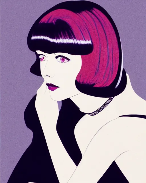 Prompt: colleen moore 3 3 years old, bob haircut, portrait painted by patrick nagel and stanley artgerm, dramatic lighting